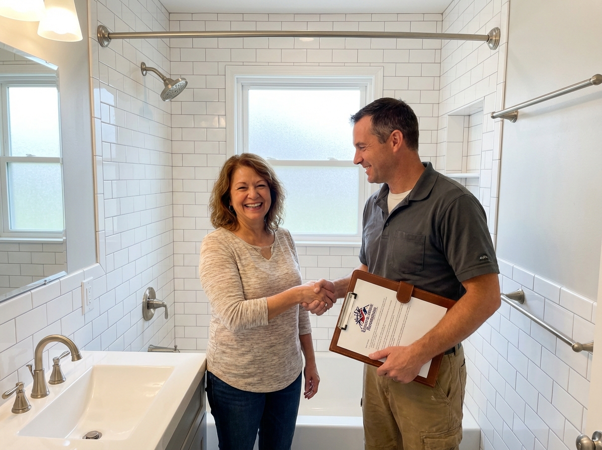 Happy homeowners and contractor admiring completed renovation